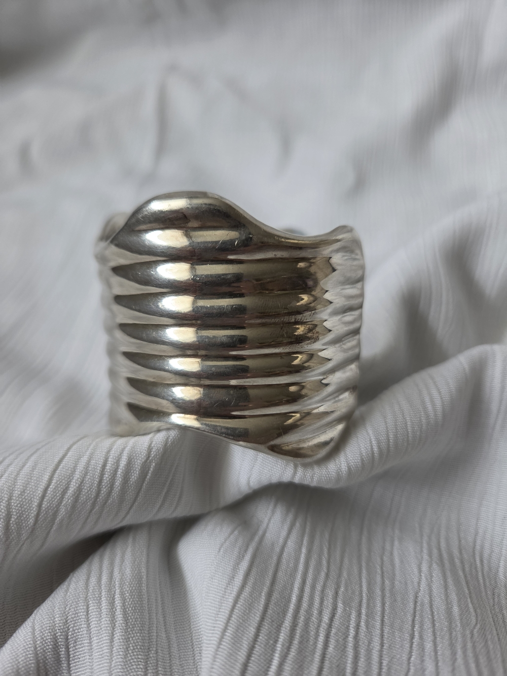 Vintage Sterling Silver Ribbed Beveled Wavy 4cm Wide Cuff Statement Bracelet 64g - Picture 7 of 17